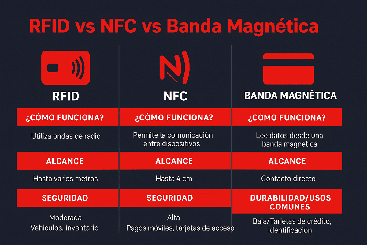 Diferencias entre tarjetas RFID NFC y de banda magnética infografia